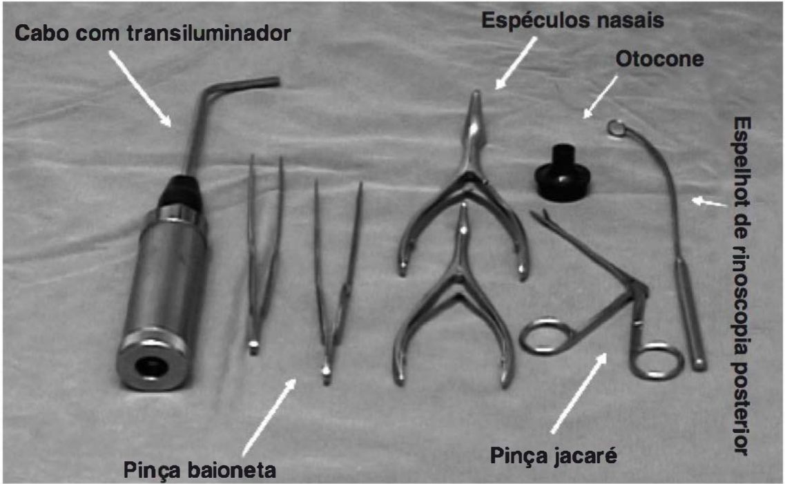 Cabo com transiluminador, pinças baioneta, espéculos nasais, otocone, pinça jacaré e espelho de rinoscopia posterior