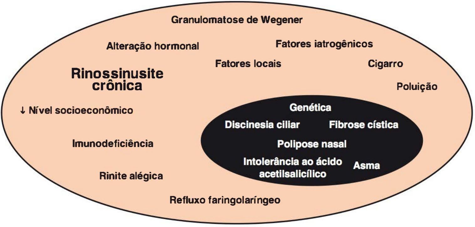 Diagrama de fatores associados à rinossinusite crônica, com círculo interno genético